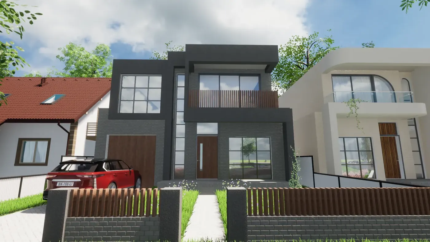 Render 4 of 6: two neighbouring two-storey houses with glass balconies and garages, Sylvania