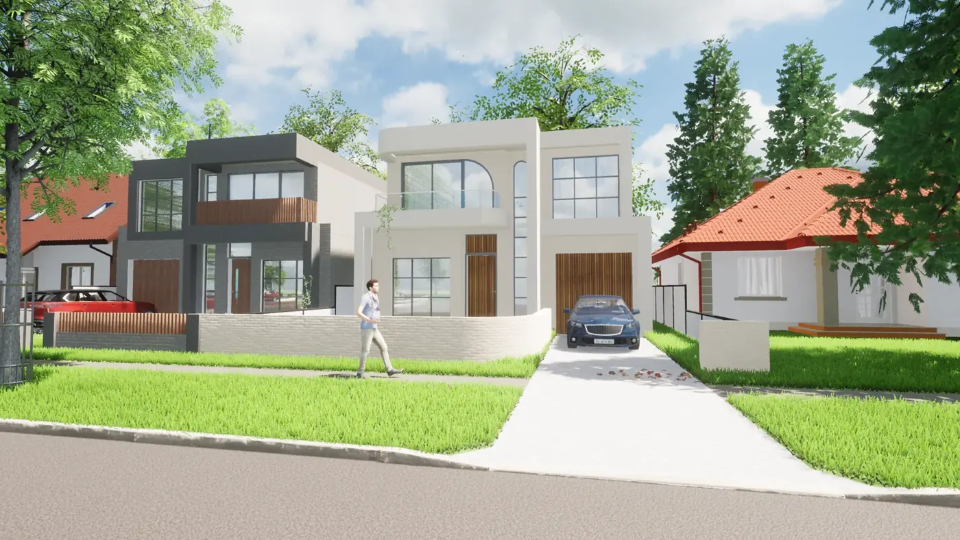 Render 5 of 6: two neighbouring two-storey houses with glass balconies and garages, Sylvania