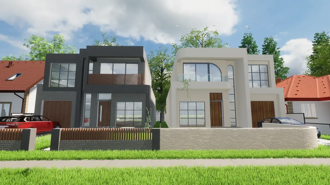 Render 6 of 6: two neighbouring two-storey houses with glass balconies and garages, Sylvania