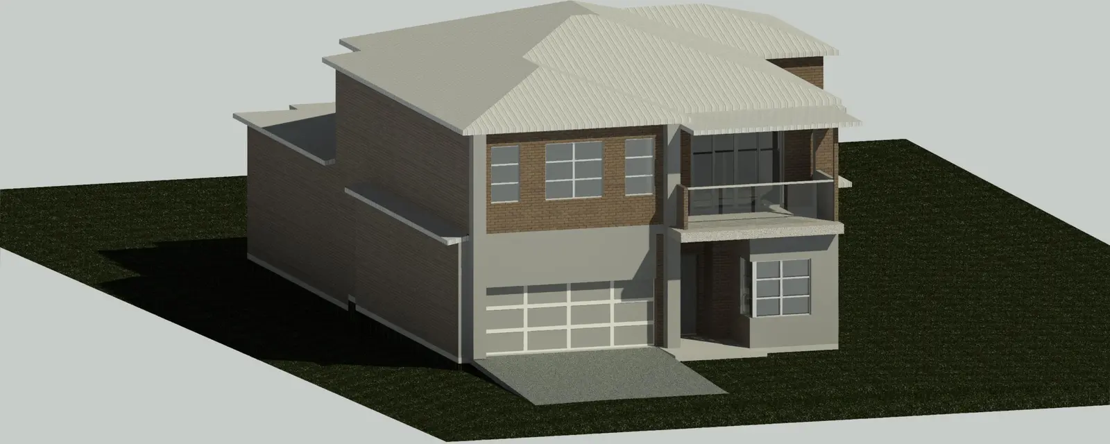 3D model of a two-storey home with a hipped roof, upper balcony and double garage